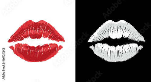 Bold red and white lip prints on contrasting backgrounds