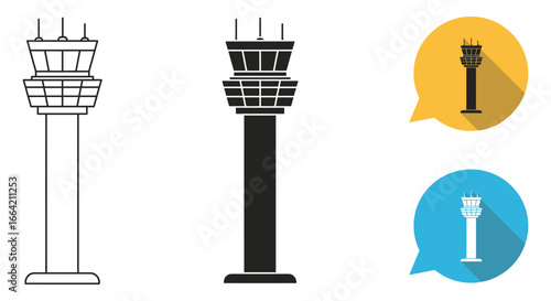 Air traffic control tower illustrations in different colors and formats