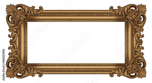 Ornate antique gold rectangular frame with floral details and empty center