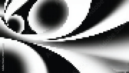 Abstract spheres float through a monochrome tunnel, creating an optical illusion with depth and movement, evoking a sense of mystery and intrigue, pixel style.