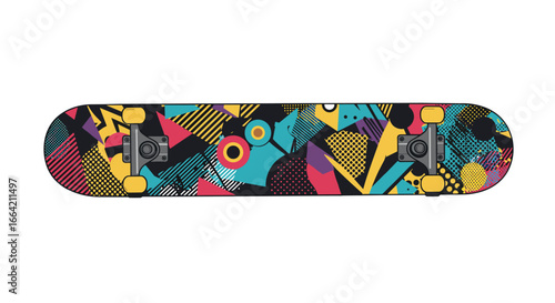 Colorful geometric skateboard deck design with pop art patterns