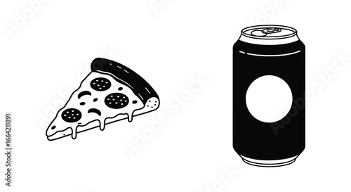 A slice of pepperoni pizza and a soda can