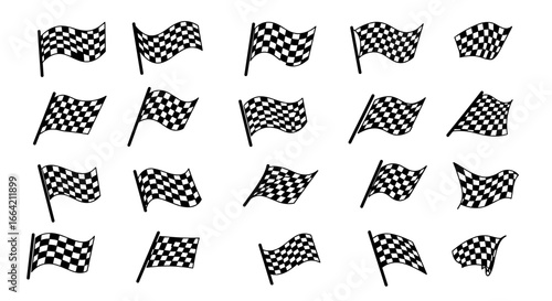 Set of waving checkered flags in black and white silhouette style