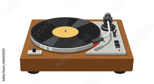 Retro wooden turntable with vinyl record on white background