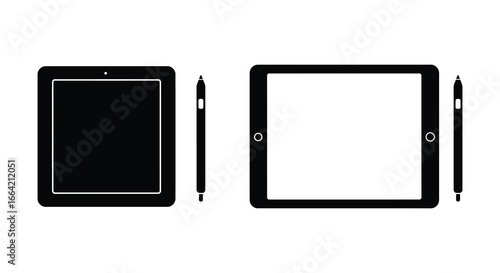 Black and white tablet and stylus computer illustration