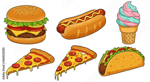 Delicious fast food cartoon: burger, hot dog, pizza, taco, ice cream