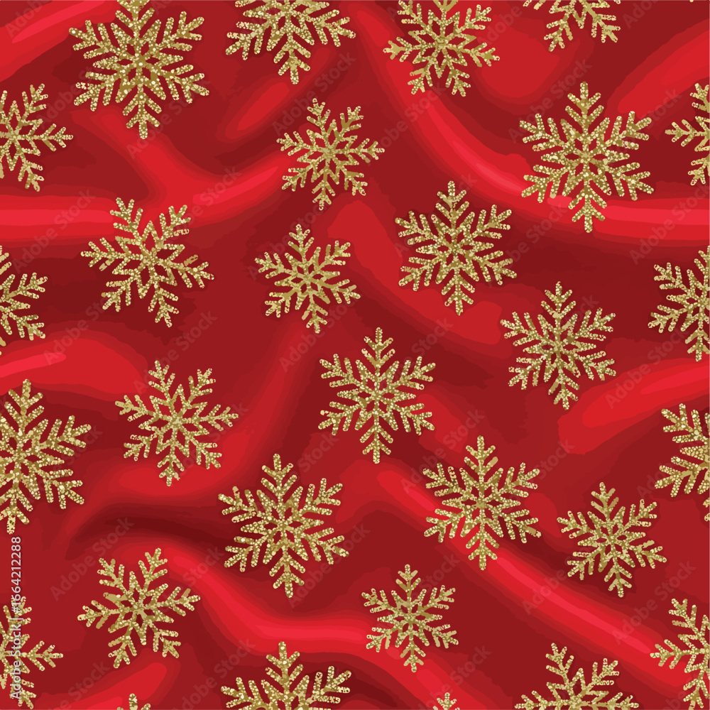 Seamless Pattern, Gold glitter snowflakes pattern on a red silk background for winter holiday season Stock royalty free  image.
