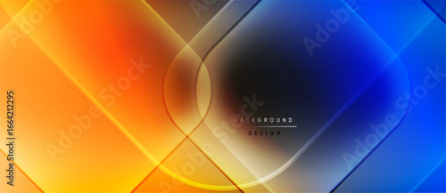 Abstract gradients blend, forming dynamic lines. Orange transitions to blue, creating modern visual effect. Minimal text present.