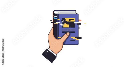 Pixelated book in hand: modern digital glitch art trend