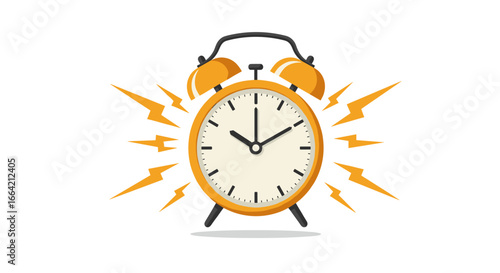 Vintage alarm clock with bells and vibrant sound bursts on white background