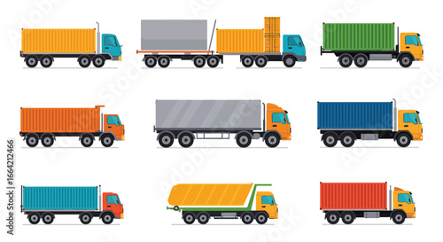 Collection of various colorful trucks and shipping containers side view