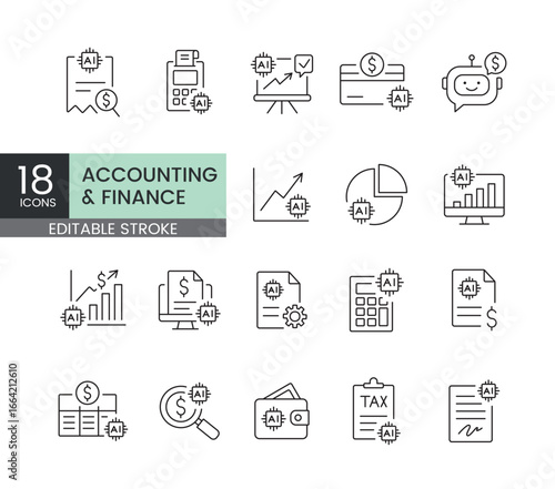 A set of vector icons representing AI-powered accounting and finance tools, including automation, expense tracking, budgeting, and smart financial analytics, created in line style with editable stroke
