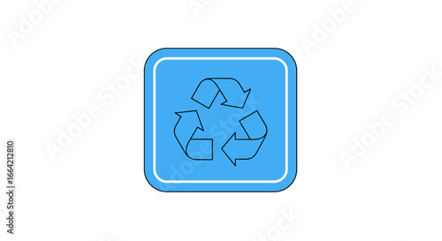 Blue recycling icon with three rotating arrows in minimalist square design