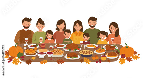 Family celebrating thanksgiving dinner with traditional autumn harvest feast