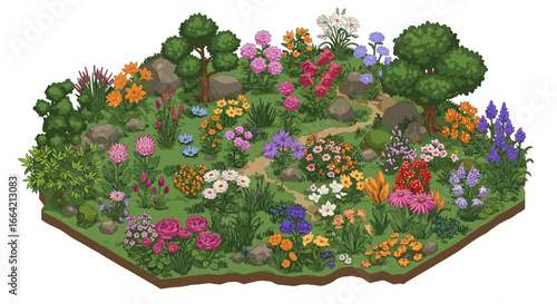 Lush garden scene with variety of flowers and trees in isometric style