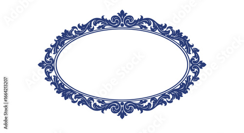 Elegant ornate border in blue: vintage oval frame design for invitations and decor