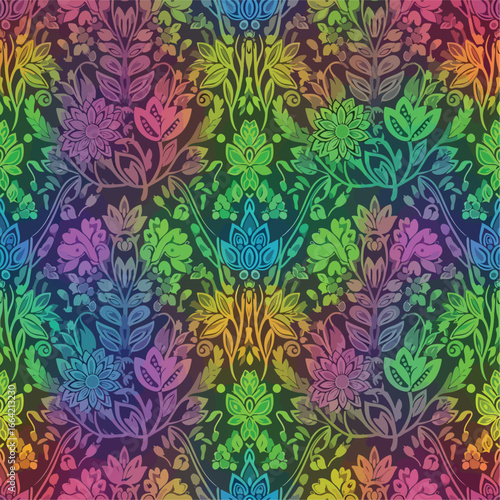 Seamless Pattern, Colorful floral damask pattern with vibrant rainbow hues and symmetrical plant motifs Stock royalty free.