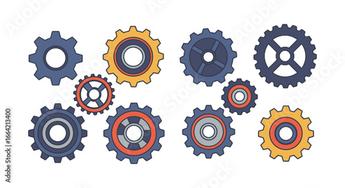 A group of colorful gears and cogs on a white background