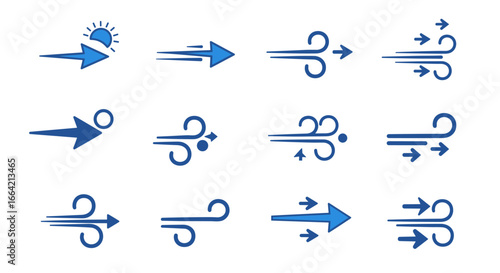 Blue arrow and wind icon set: simple weather and direction symbols