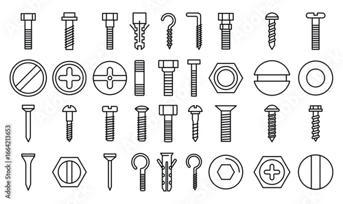 Screw bolt icons set outline style