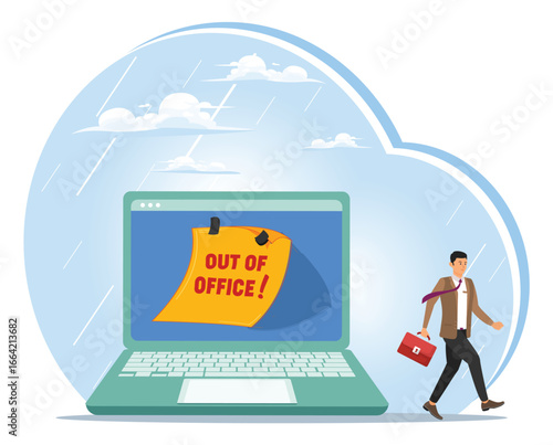 Out of office notice message, vacation or holiday leave sticky on laptop.