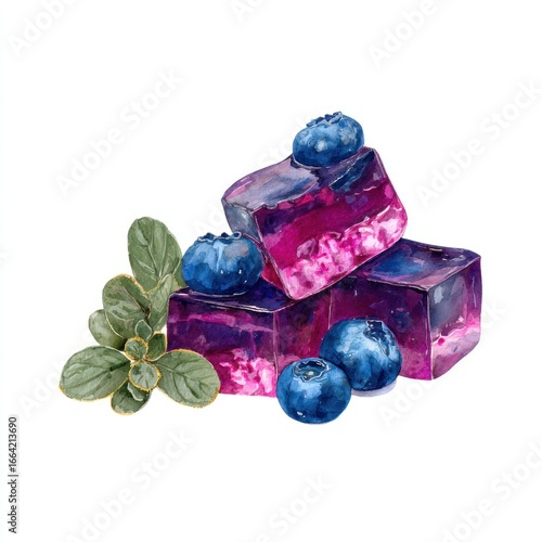 Purple and pink jelly cubes, blueberries, and herbs