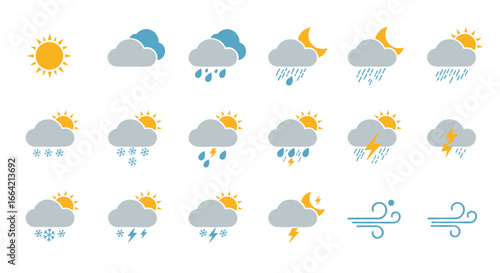 Colorful weather icons set: sun, clouds, rain, snow, wind, thunder