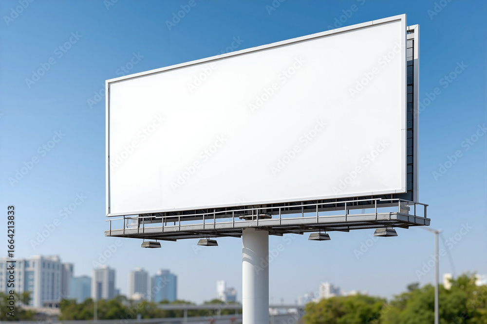 Obraz premium Large Blank White Billboard on an Empty Highway, with Blue Sky, Trees, and a Sense of Spaciousness for High-Resolution Mockup.