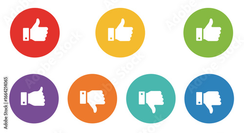 Colorful round icons of thumbs up and down in flat design style