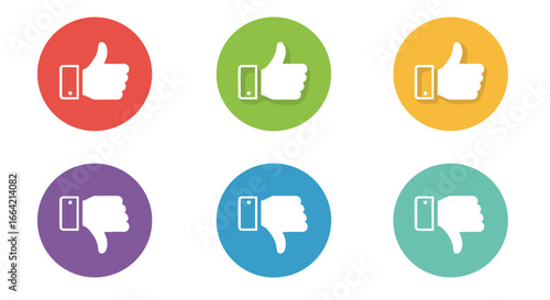 Colorful flat design thumbs up and down icons in circular backgrounds