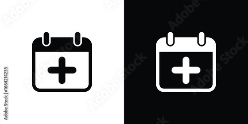 Calendar Icon with Plus Sign in Black and White on Isolated Backgrounds