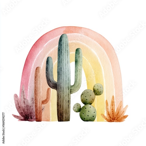 Watercolor desert scene with cacti and rainbow