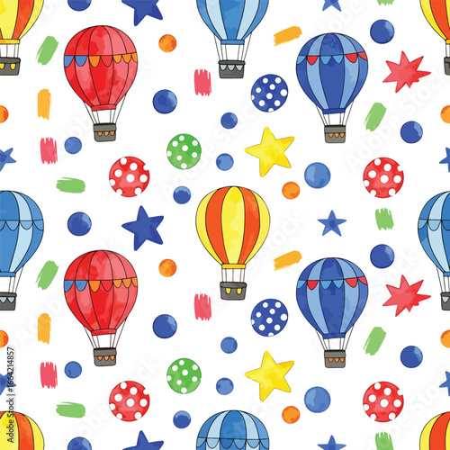 Seamless Pattern, Colorful hot air balloons with stars and polka dots whimsical vector pattern Stock royalty free.