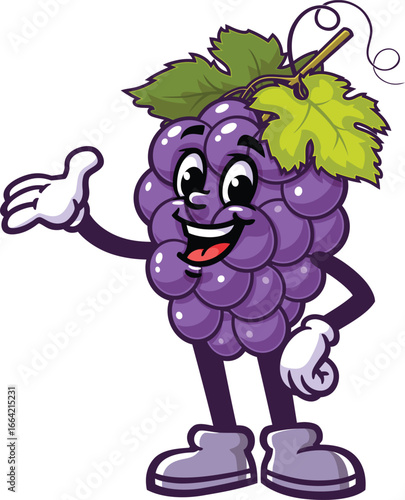 Cartoon mascot of grapes with a friendly welcoming pose