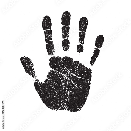 Grainy black and white illustration of a handprint representing identity evidence crime mark fingerprint human rights touch individuality and symbolic artistic expression