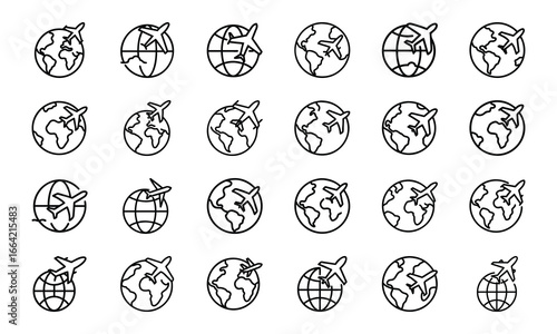 Travel and Adventure Line Icons Set – Tourism, Vacation, Hiking, Camping, Airplane Ticket, Luggage, Backpack, Mountain Climbing, Surfing, Cycling, Snorkeling, Summer Holiday and Outdoor Exploration Ve