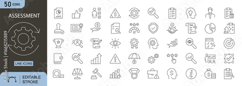 Assessment icons set. Includes icons for evaluation, review, test, grading, feedback, analysis, score, performance, checklist, and report. Editable stroke. Line icons. Perfect for education, business.