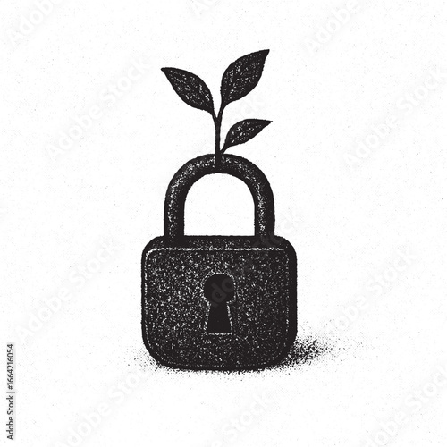 Grainy black and white illustration of a padlock with a plant sprout symbolizing growth security protection sustainability hope resilience nature conservation and environmental awareness