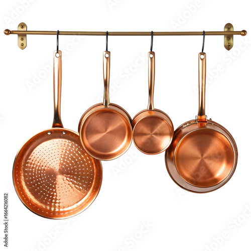 Set of four copper pans hanging on a kitchen rack, isolated on transparent background
