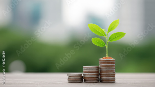 Healthy green plant growing from real estate investment coins, symbolizing financial growth, health, and sustainable wealth