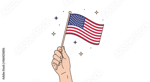 Celebrate independence day with a waving american flag in hand sparkles and stars