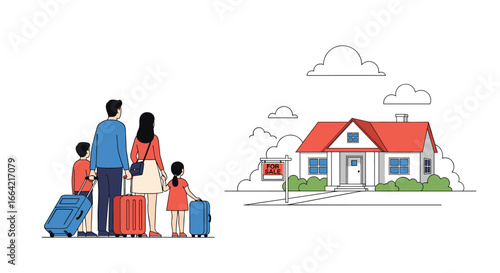 Family preparing for a vacation standing with luggage next to a house with a for sale sign indicating a real estate transaction