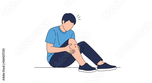 Man sitting with injured knee experiencing pain and discomfort during recovery after accident or sports injury