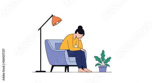 Mental health awareness young woman feeling sadness stress anxiety depression sitting indoors alone under lamp next to plant