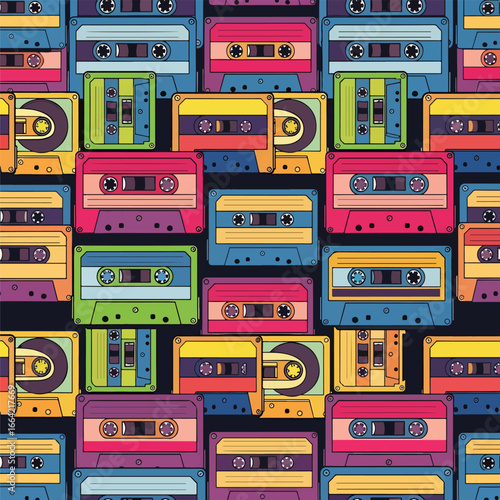 Seamless Pattern, Colorful seamless pattern featuring retro cassette tapes in a vibrant design Stock royalty free.