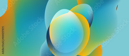 Abstract fluid shapes blend, creating vibrant color gradients. Soft blues, yellows, oranges dominate composition. Smooth transitions suggest movement.