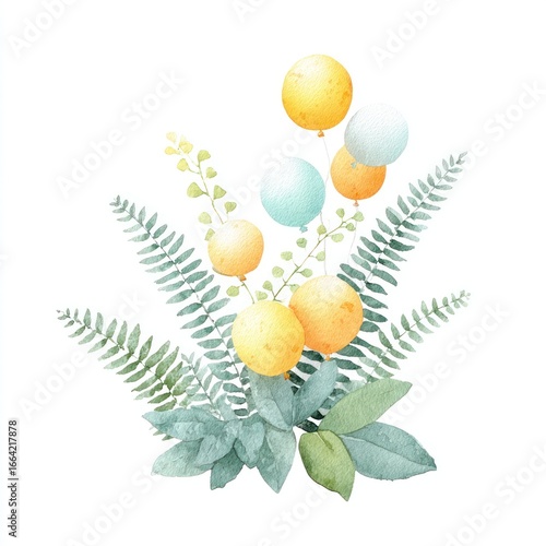 Watercolor arrangement of pastel-colored balloons and fern foliage