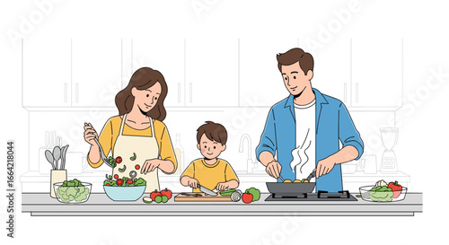 A cheerful family enjoys preparing a delicious meal together in their bright modern kitchen a scene of domestic bliss