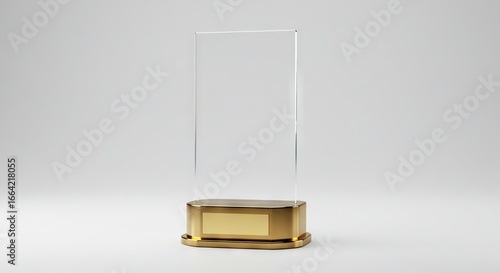 A clear rectangular trophy with a gold base against a plain light gray backdrop