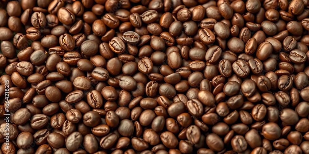Fototapeta premium Rich brown coffee beans fill the frame, close-up texture visible, delicious, dark